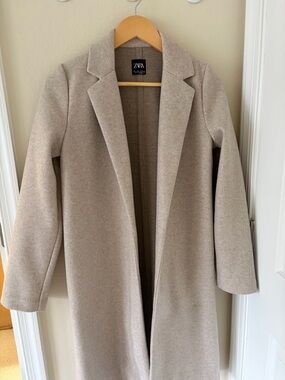 Zara Light Beige Open-Front Wool-Blend Trench Coat